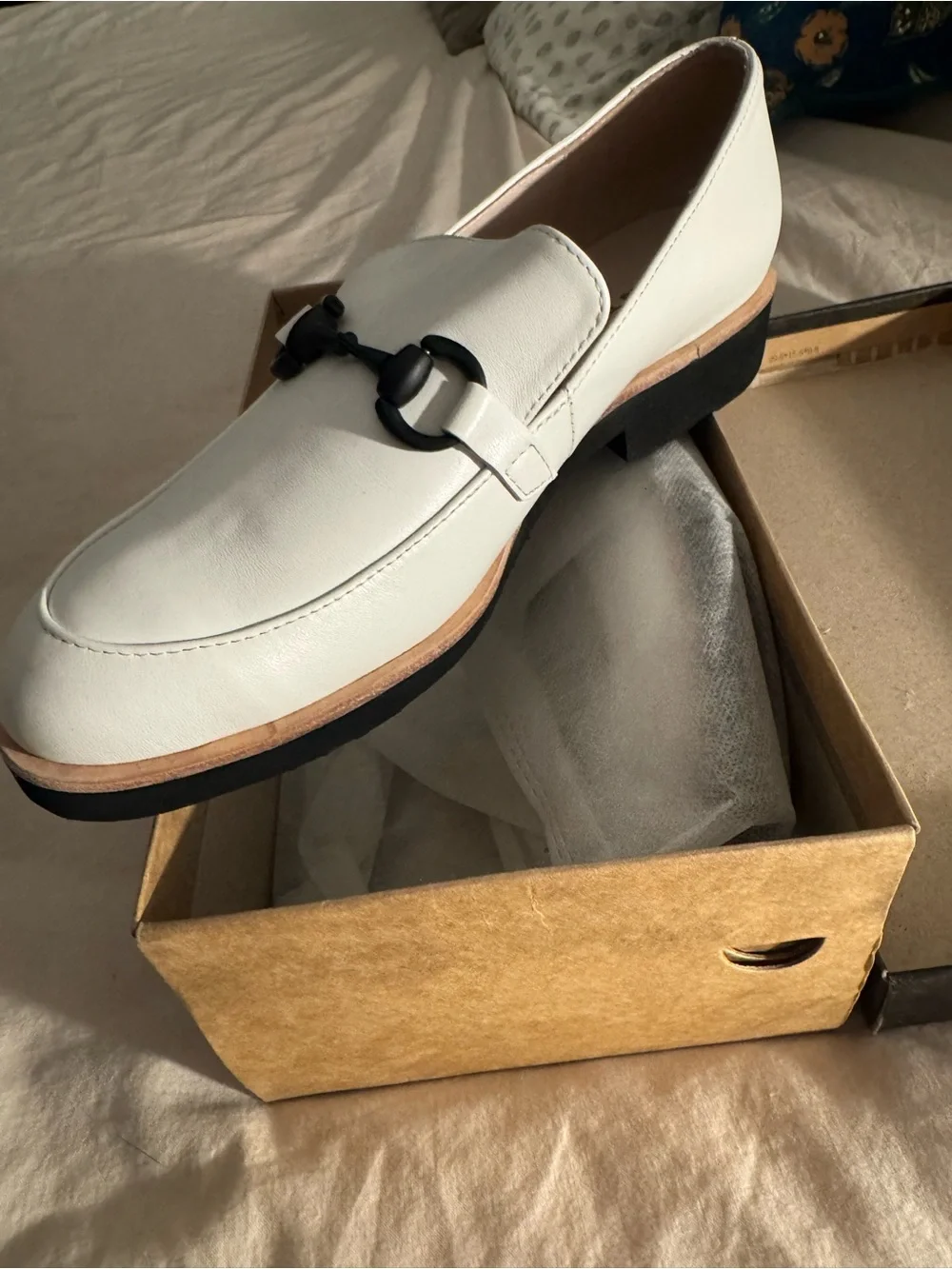 ALL BLACK White Leather Womens Link Slip-On Loafers with Black Accent NIB